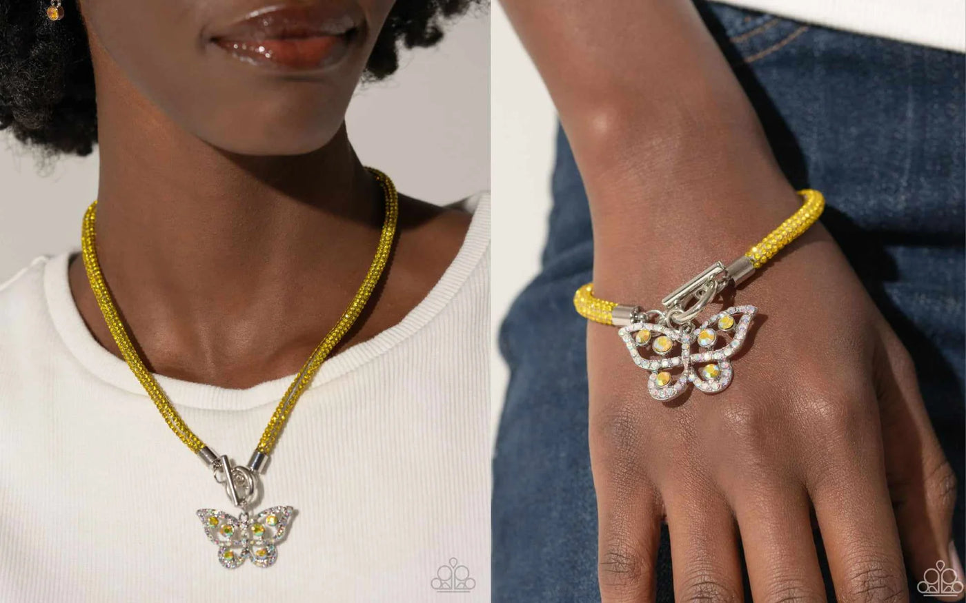 Paparazzi Aerial Appeal On Shimmering Wings Yellow Necklace and Bracelet Set